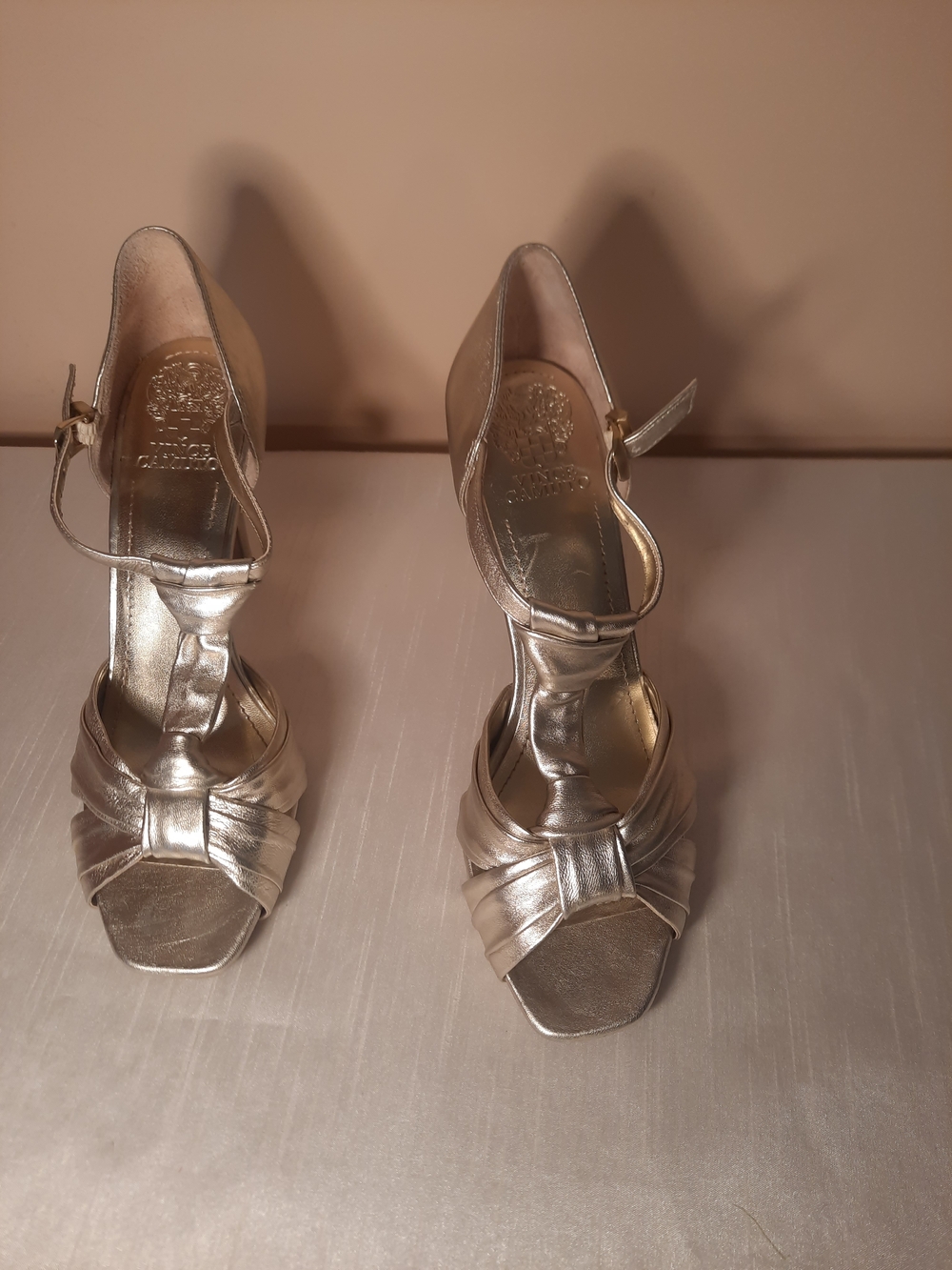 Metallic Gold Women's Leather T-Strap Heels